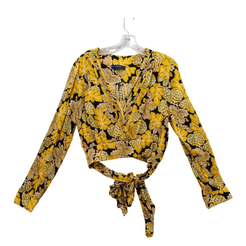 Rachel Roy Floral Cropped Top Tie Waist Long Sleeve V Neck Blouse L